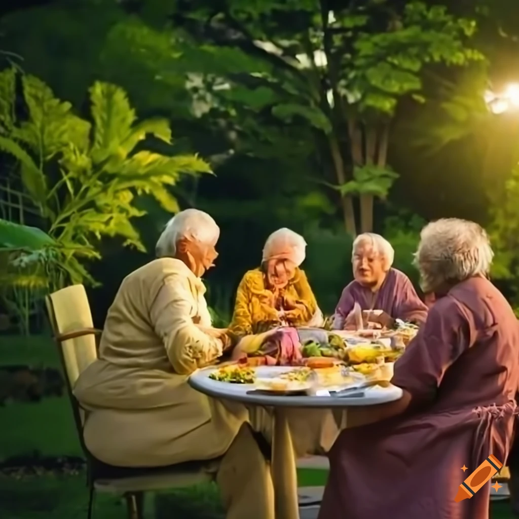 Elderly Indians sharing laughter in a verdant garden at dusk
