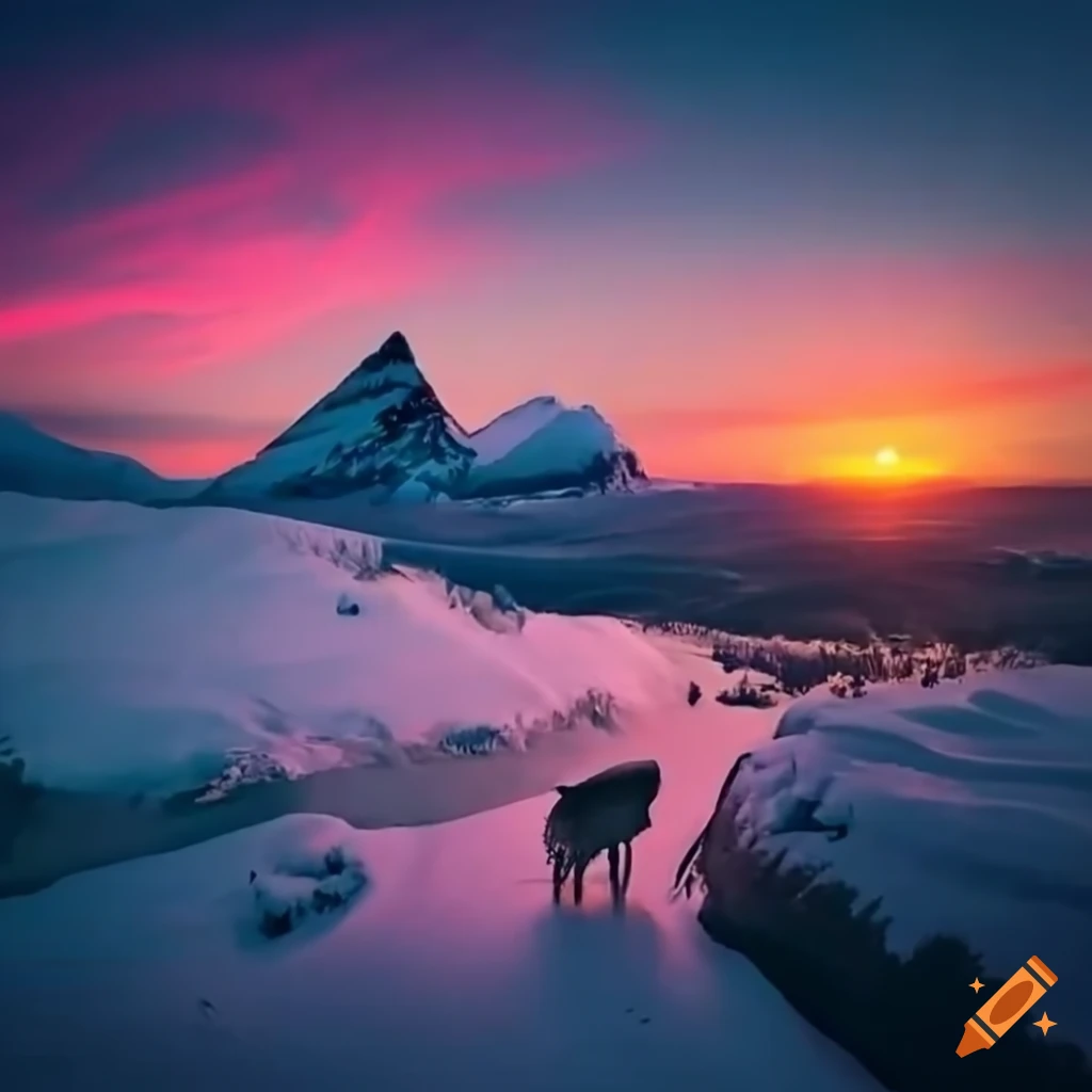 Norwegian nature with northern lights, wolf pack, and wind turbines in daylight