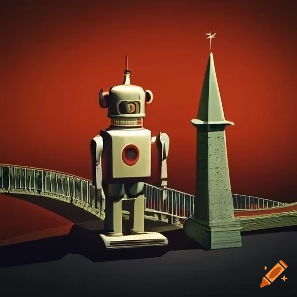 1950's style robot on a bridge