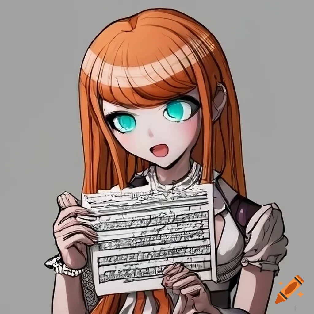 Girl with orange hair and turquoise eyes holding a music sheet