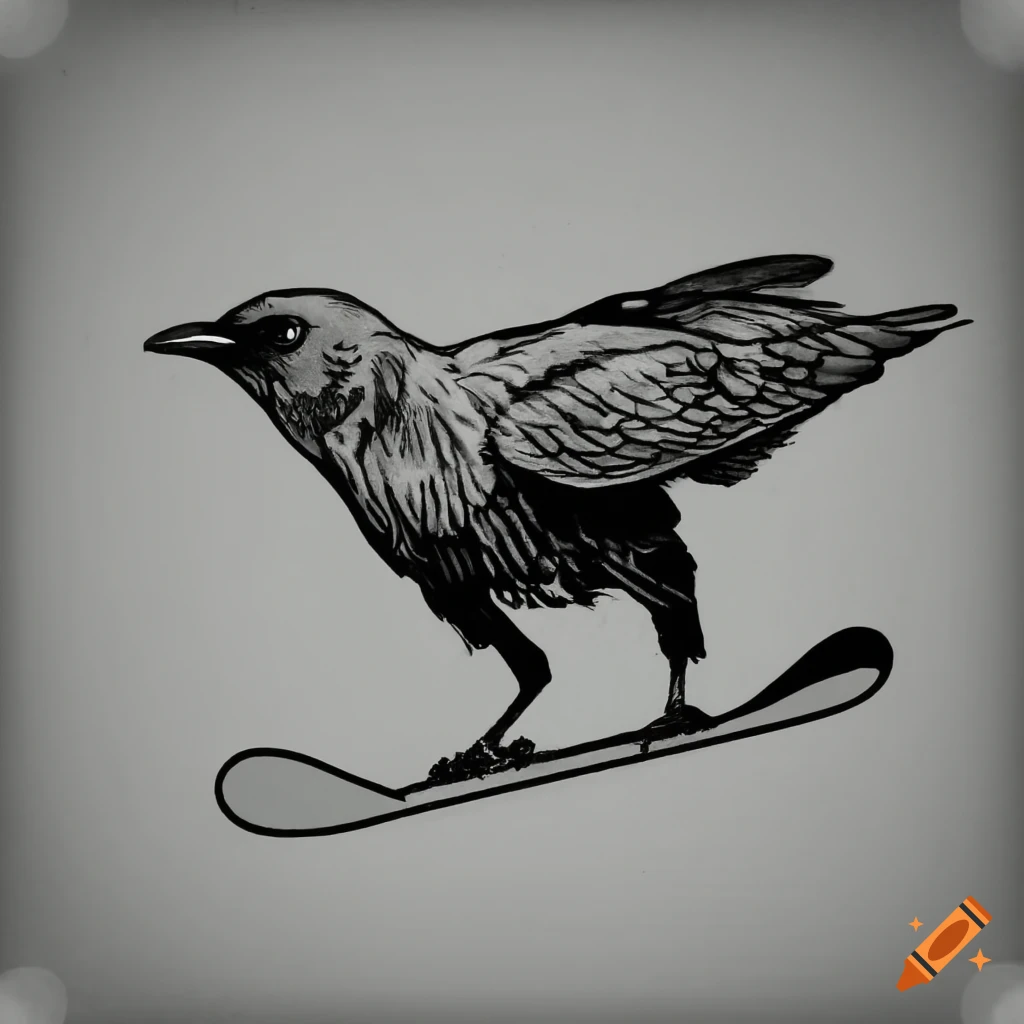 Alpine chough riding a snowboard in black line-art tattoo style