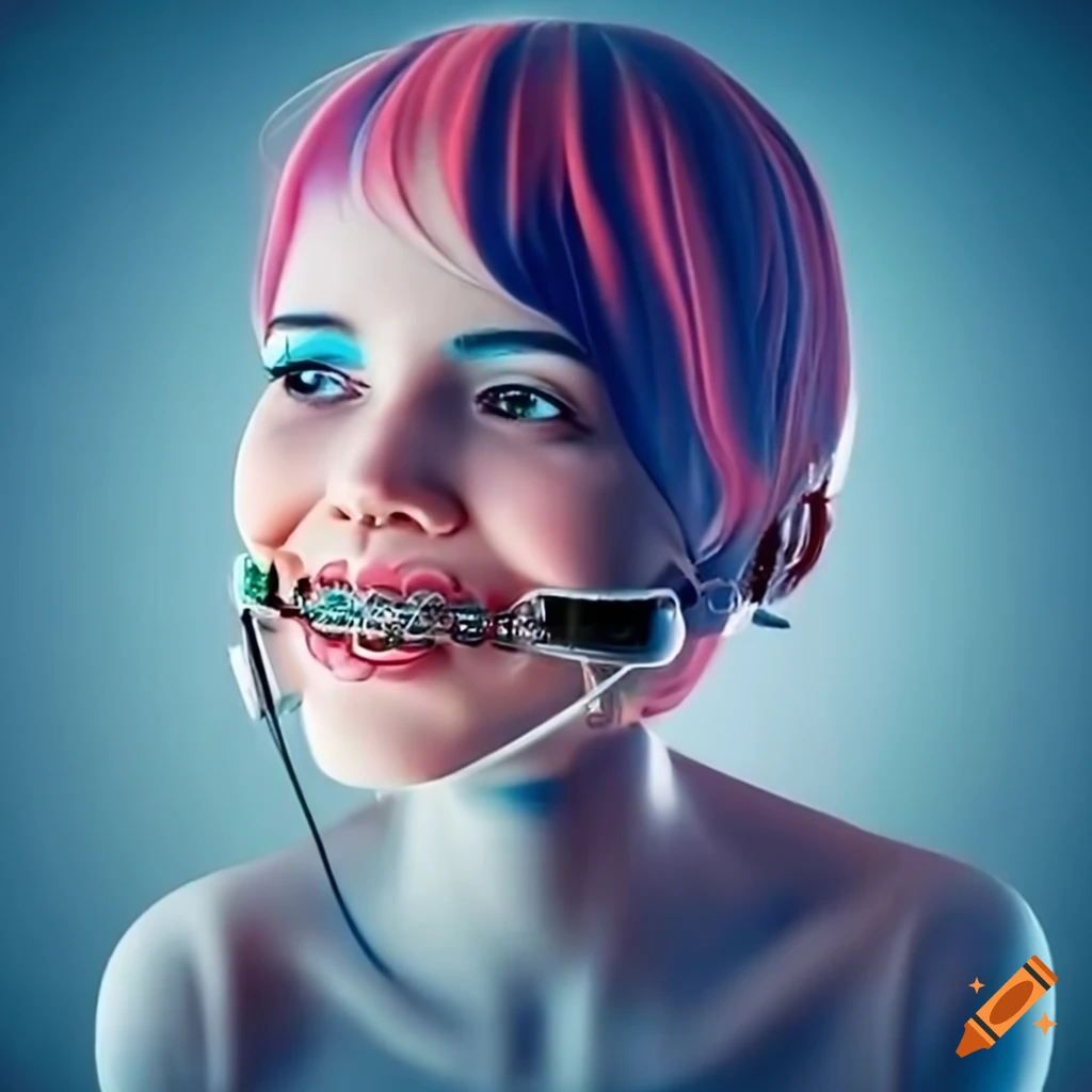 Young woman with orthodontic braces headgear in a dental chair on Craiyon