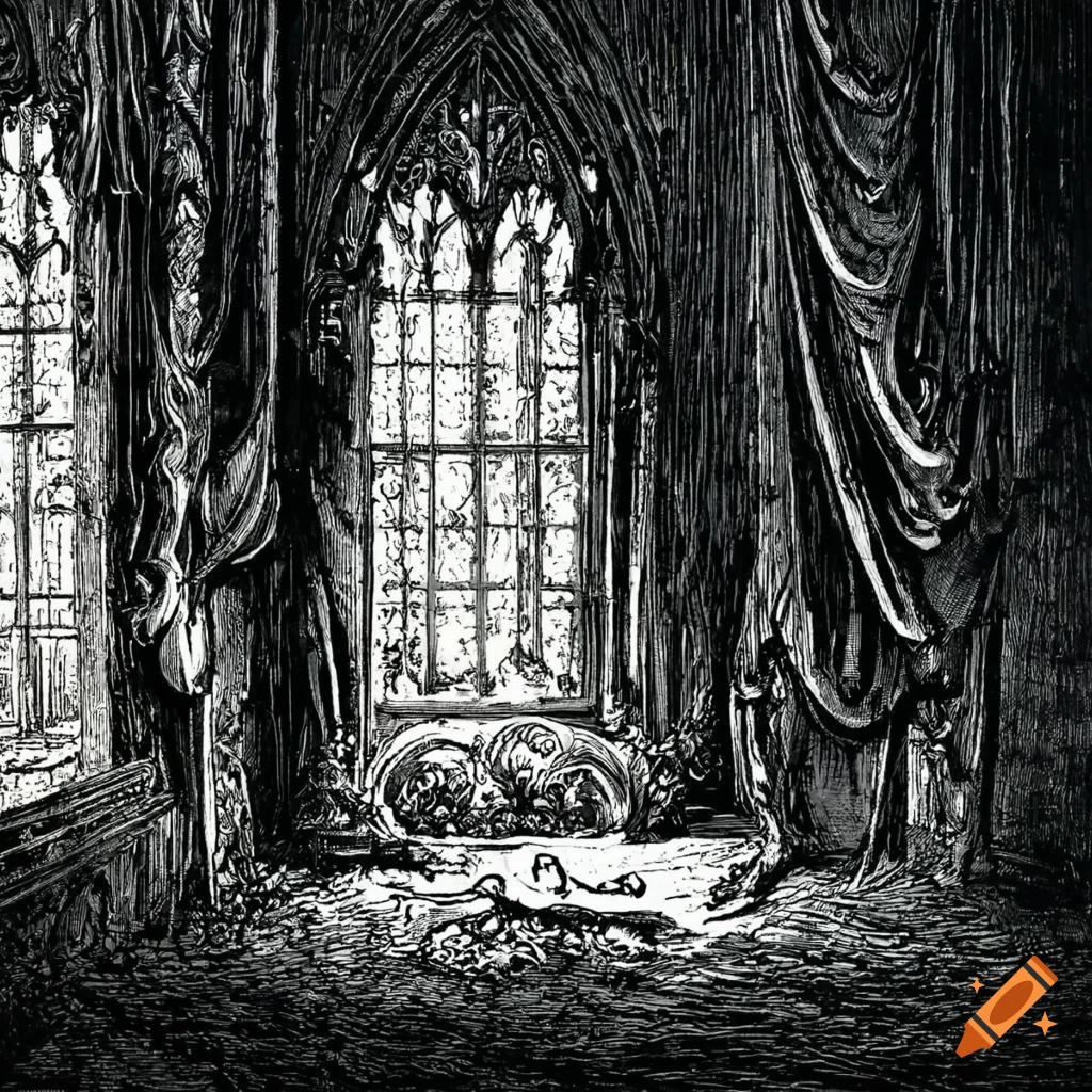 Gothic room with an open window and curtains in an ink drawing on Craiyon