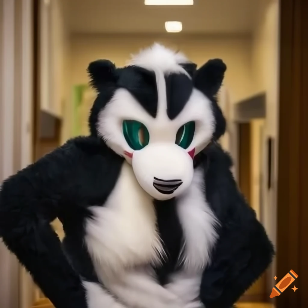 Male teacher in skunk mascot costume in a school hallway