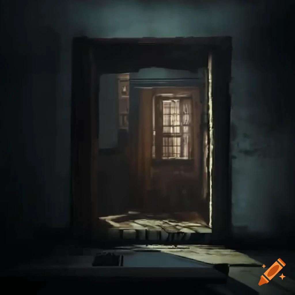 Survival horror game fixed camera angle through a window in video game