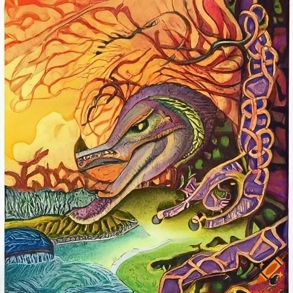Colorful pen and ink landscape with mythical creatures and spirit animals in a fusion of cultural designs