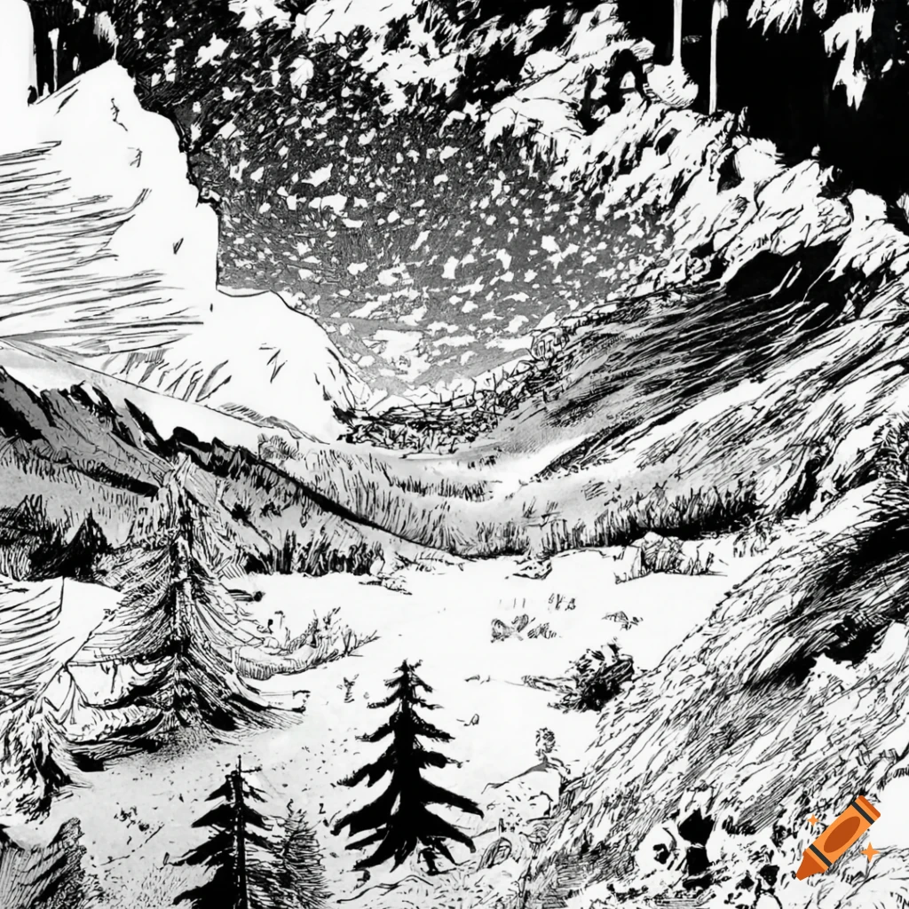 Starry mountains and pines in a black and white manga panel by Toshio ...