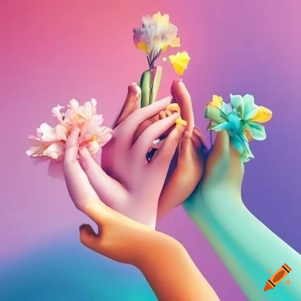 Diverse and passionate group working together surrounded by pastel blooms