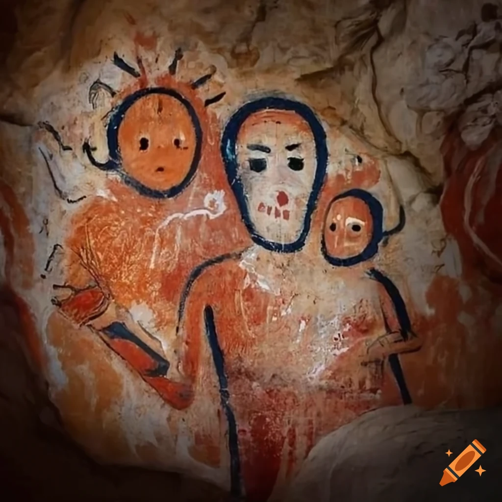 Cave painting of mother, father, and child on the cave wall