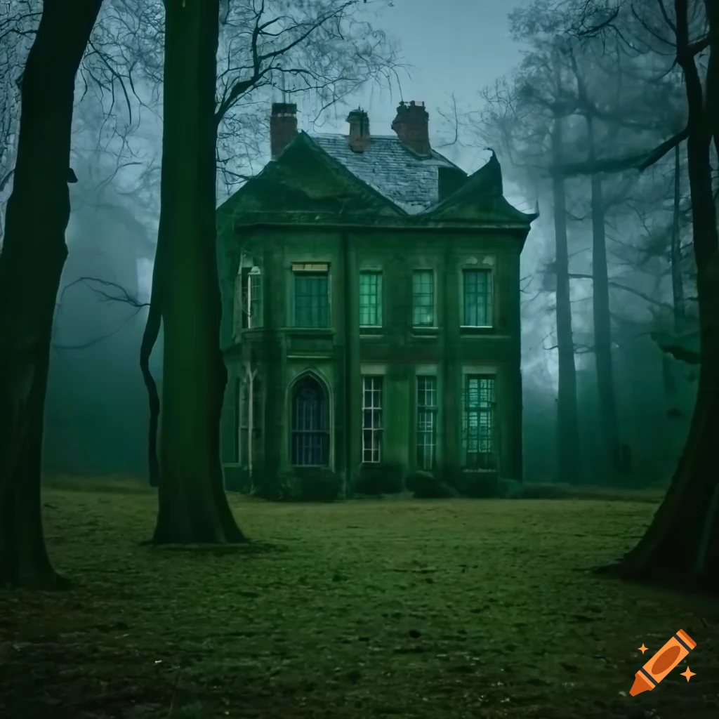 Eerie gothic mansion in misty rainy night with a dark green full moon