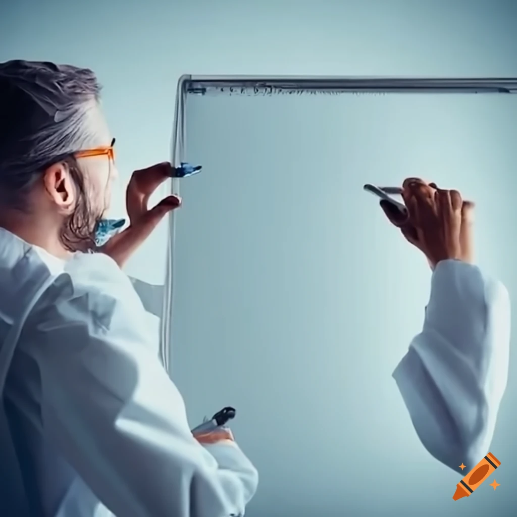 Scientist staring at blank whiteboard from behind