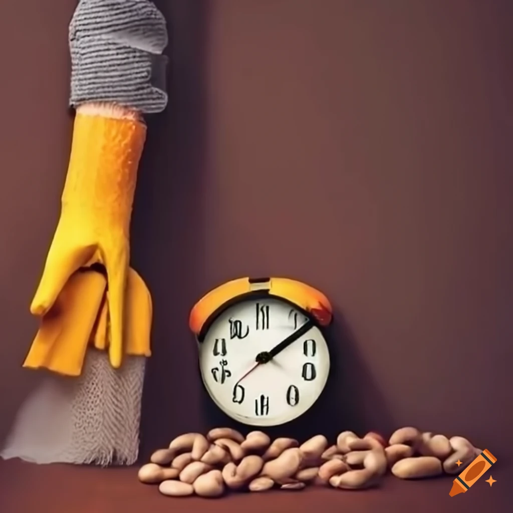 Cleaner surrounded by beans with a clock on the wall