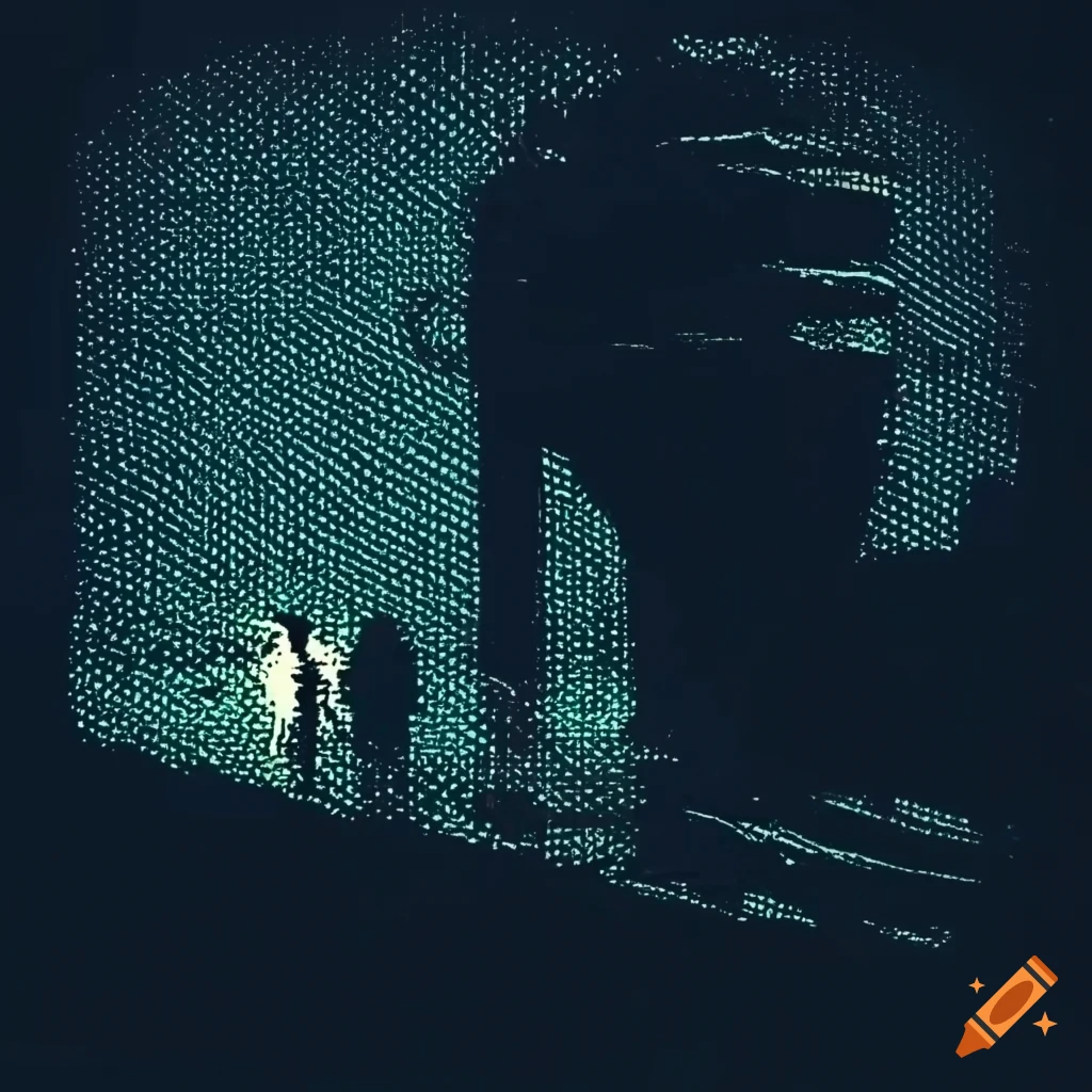 Halftone sketch of welders walking in an abandoned shipyard at night