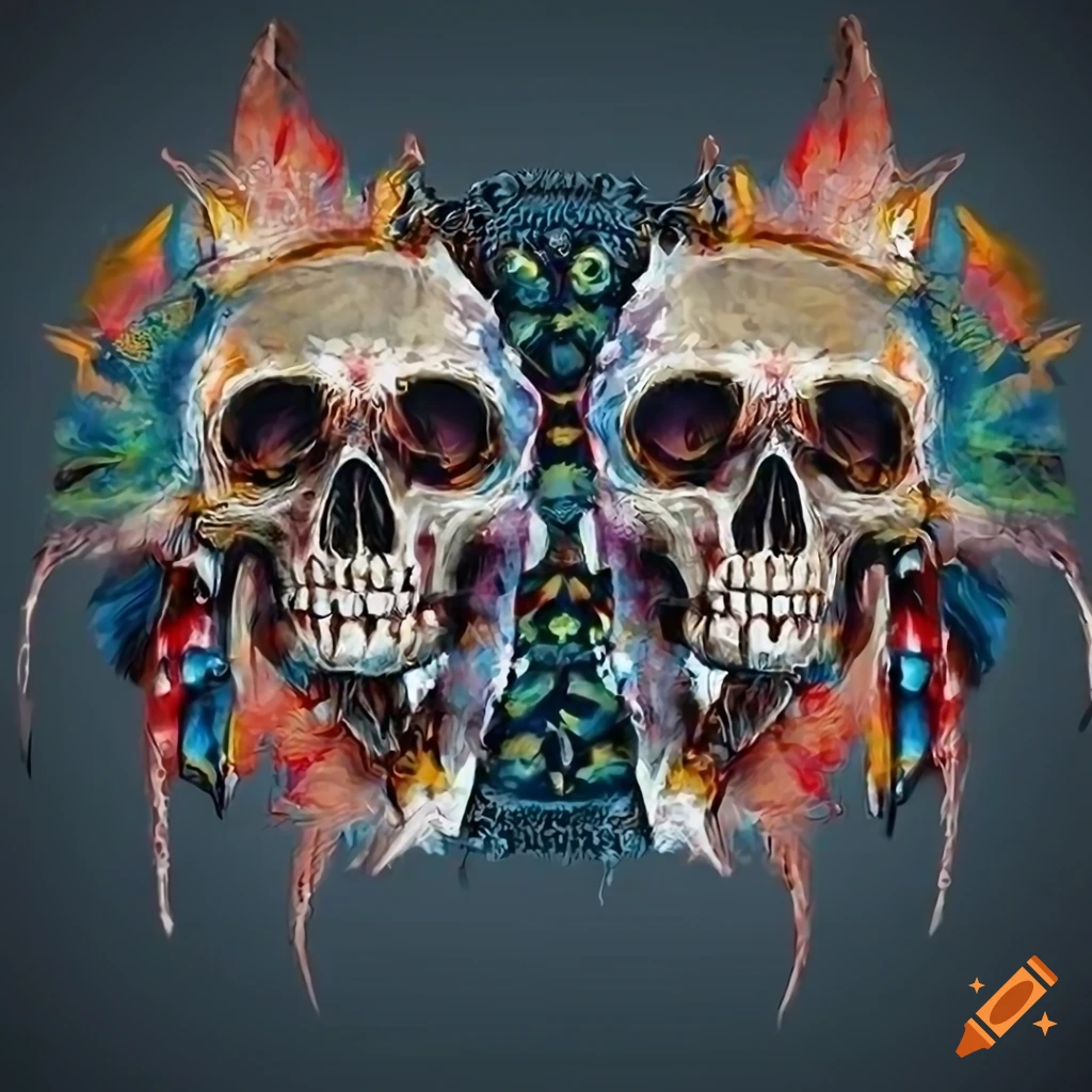 Skulls with tribal paintings, feathers, and jewelry