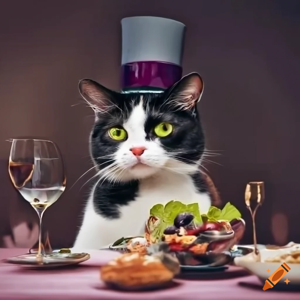 Tuxedo cat in a top hat surrounded by fancy food and wine