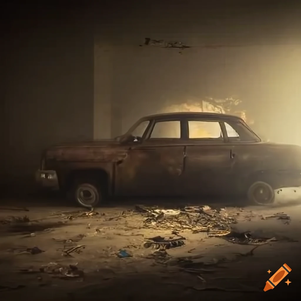 Abandoned car in a room surrounded by golden fog