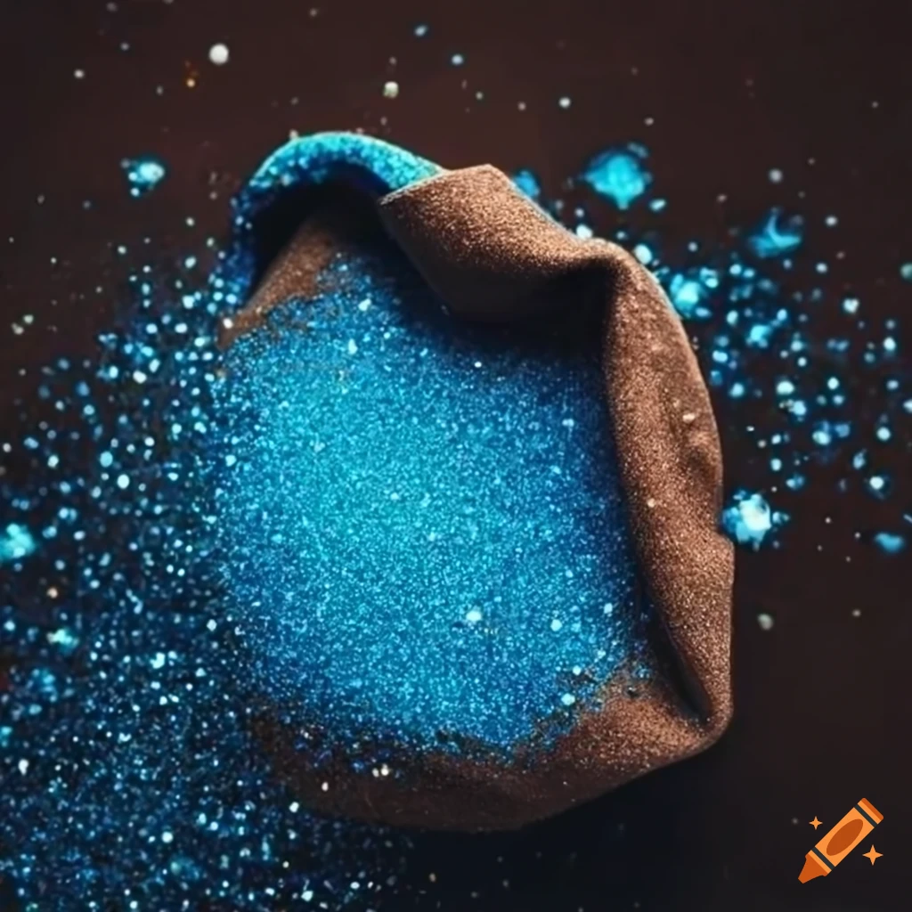 Topdown view of brown cloth pouch with blue sparkly diamond dust on