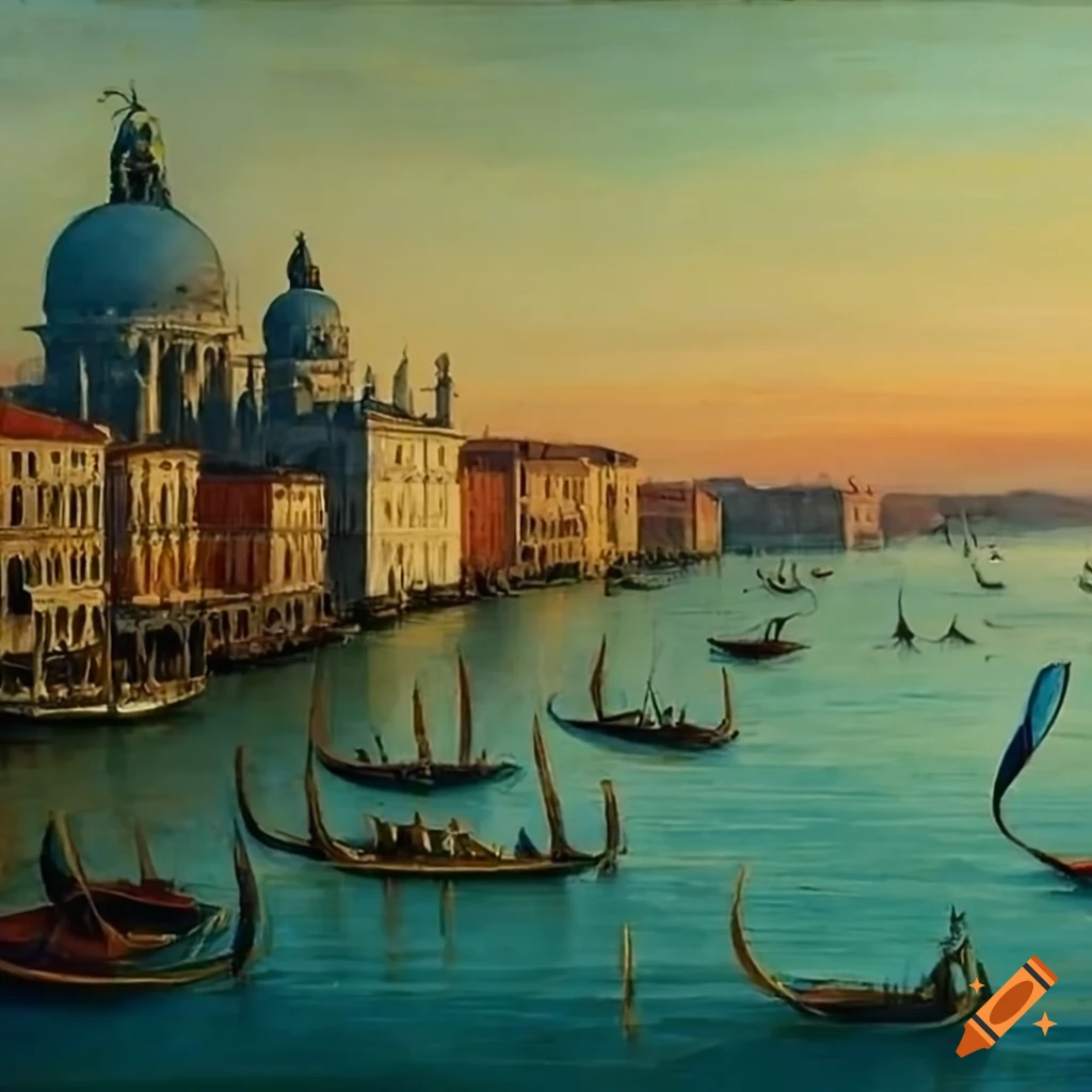 View of Venice with Doge's palace and Santa Maria della Salute across the canal at sunset