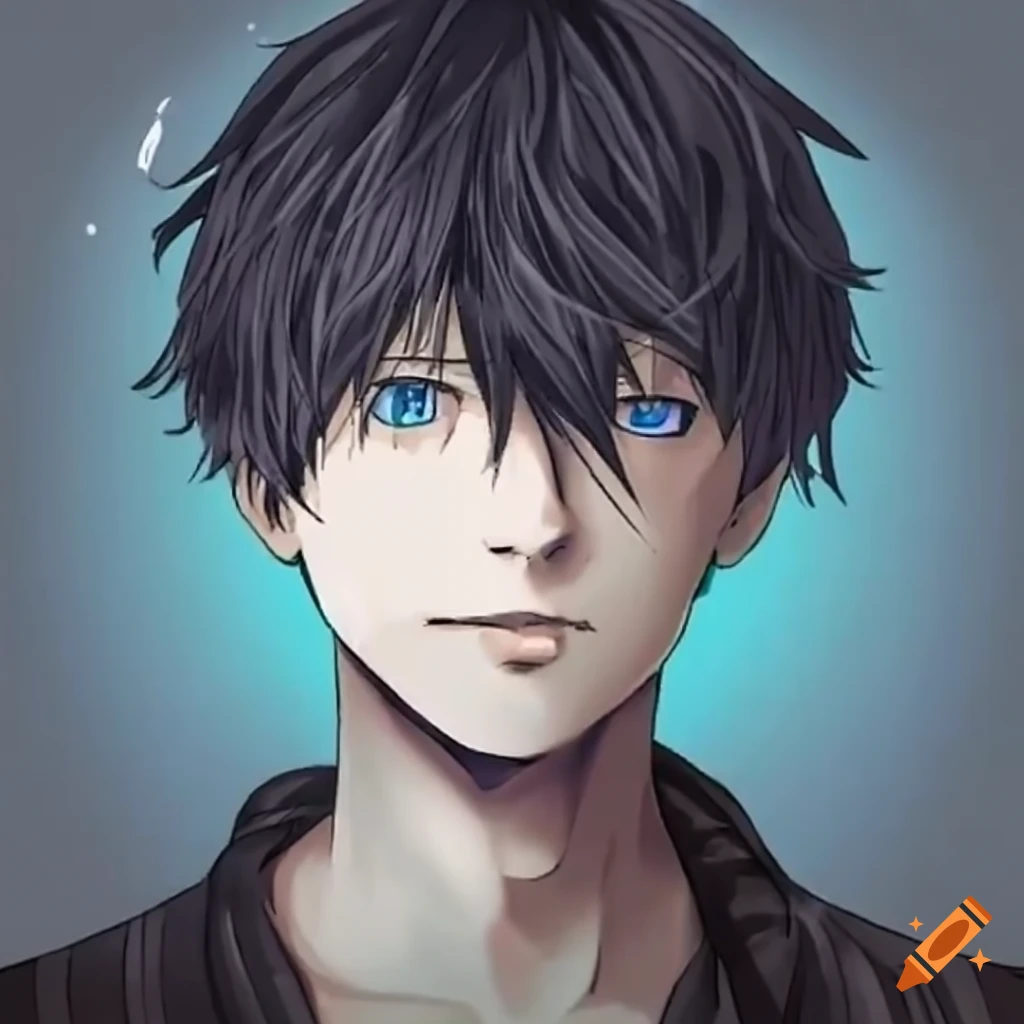 Man with blue eyes and black hair in an anime style on Craiyon