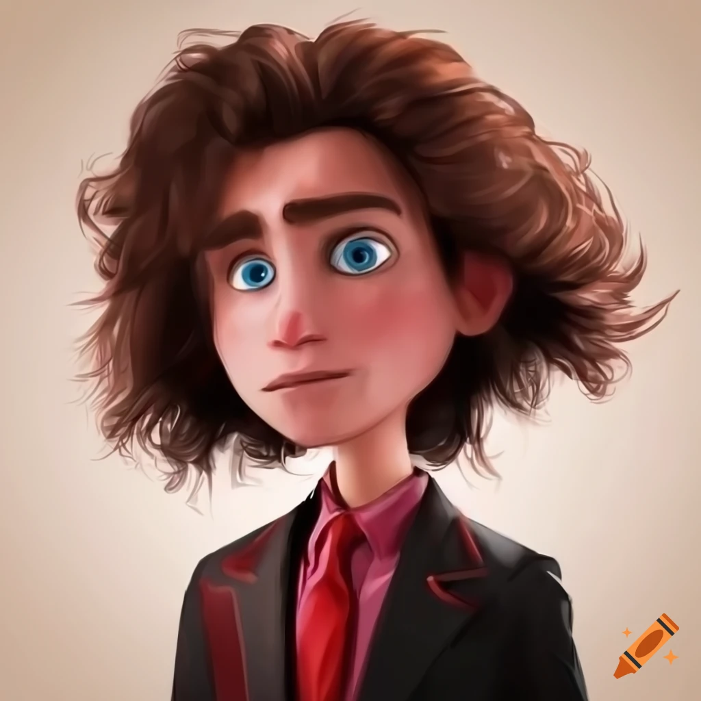 Man in black and red suit with long hair and mask in Pixar style