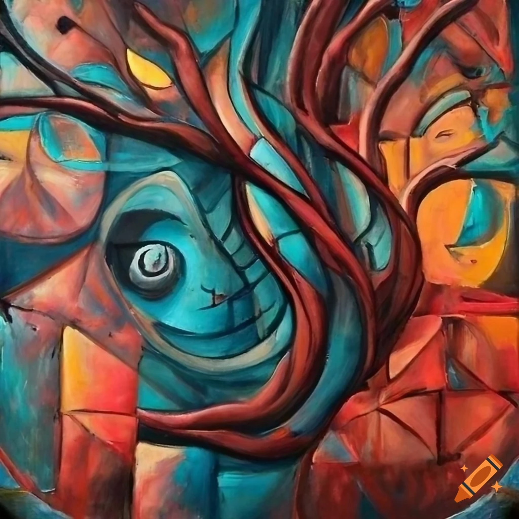 Textured cubist surrealist impressionist composition of demonic bent tree