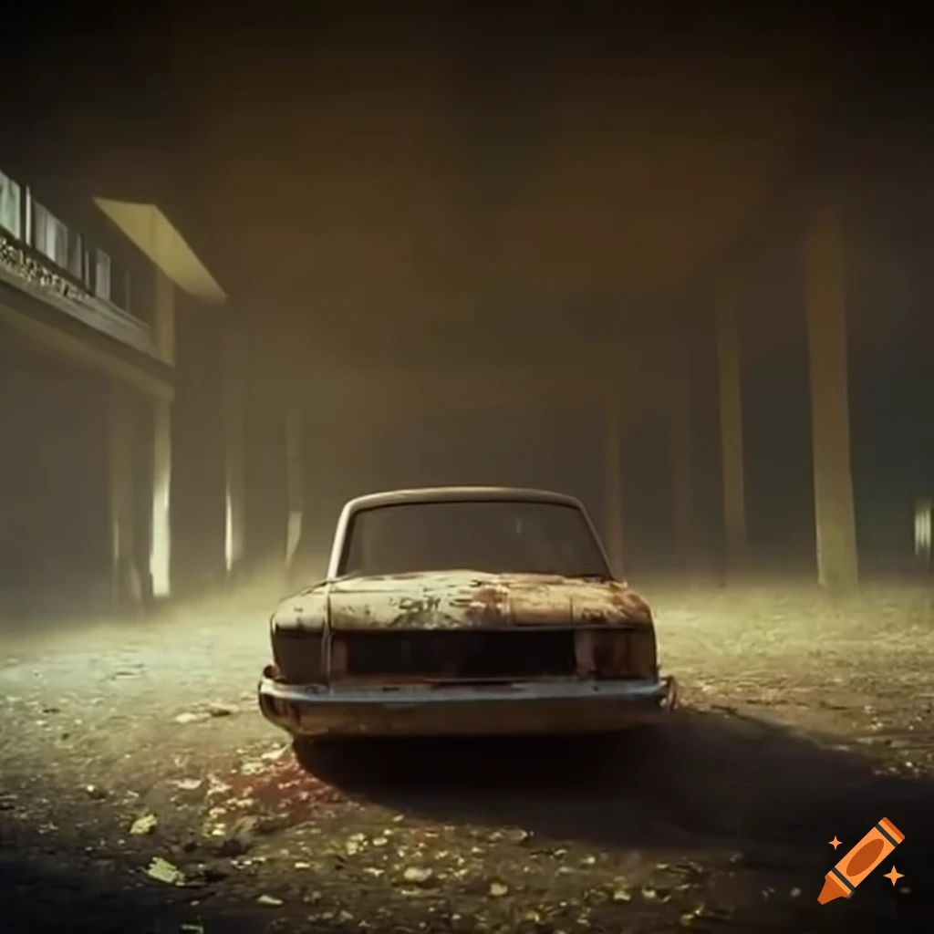 Abandoned car in the center of a foggy abandoned mall