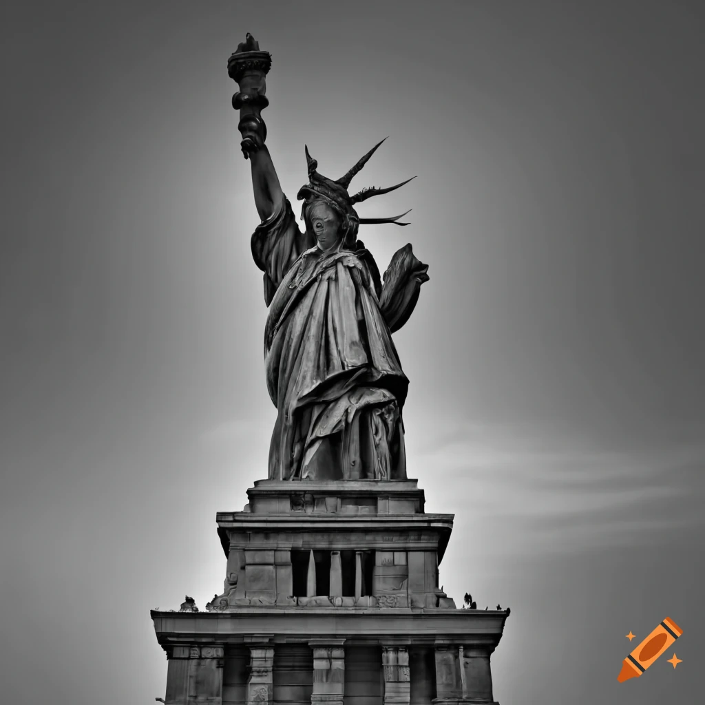 Black and white image of the Statue of Liberty