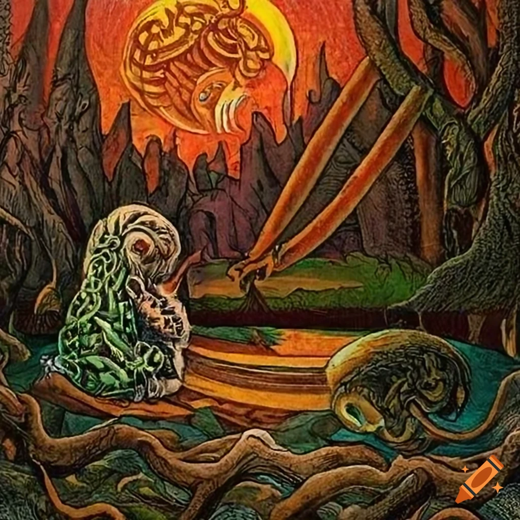 Colorful pen and ink landscape with mythical creatures from different cultures