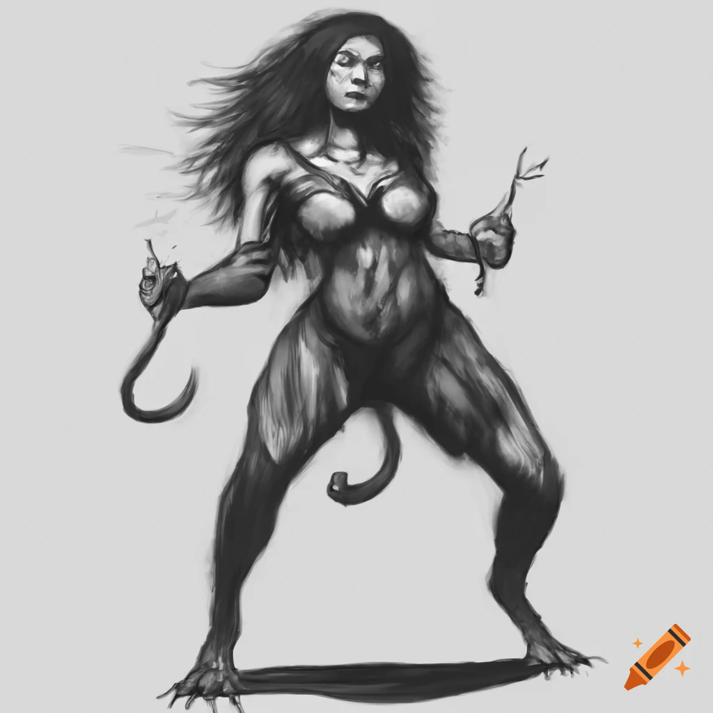 Female werewolf in action pose in Bernie Wrightson style