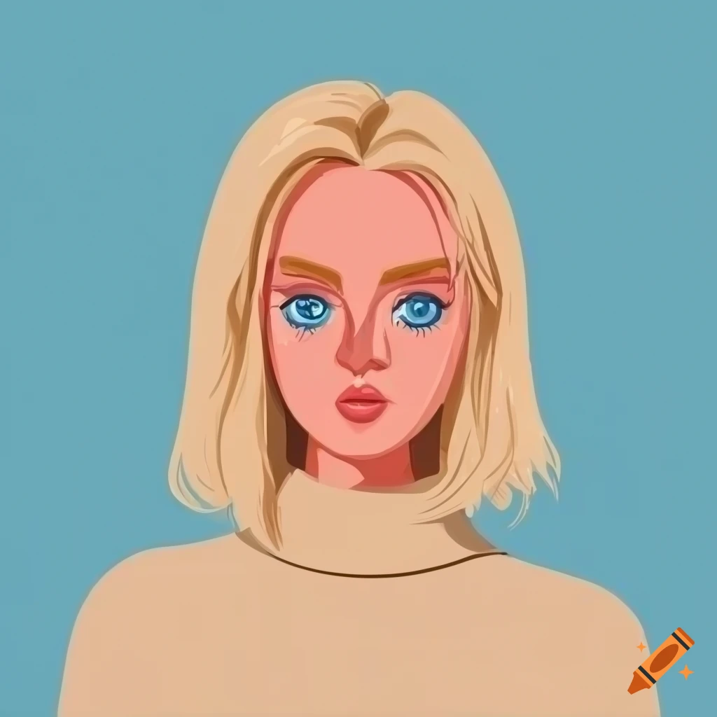 Professional young woman with blonde hair and blue eyes wearing a trendy turtleneck sweater in vector art style