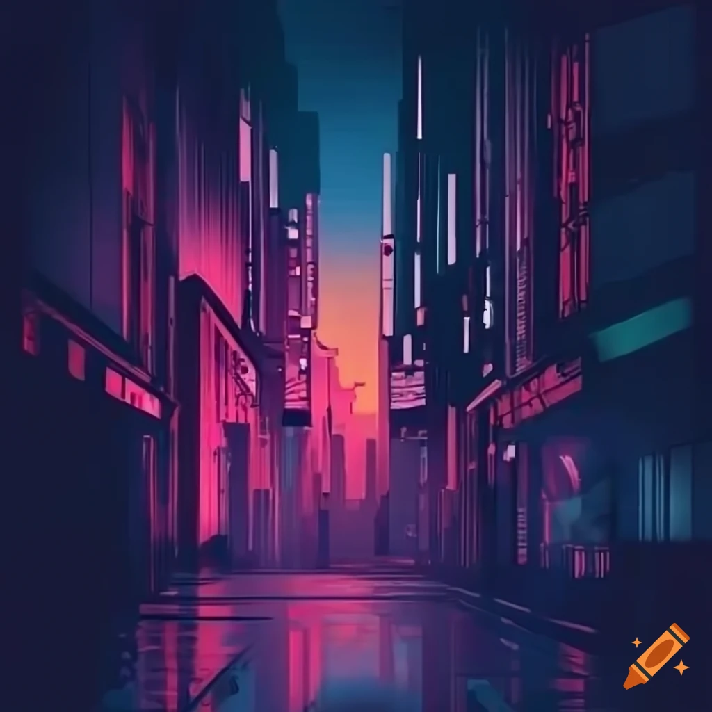 16:9 4k image with dark background, buildings with faded lights, and ...