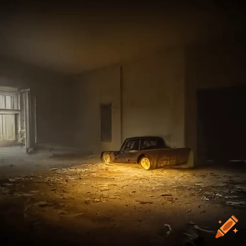 Abandoned car in a room surrounded by golden fog on Craiyon