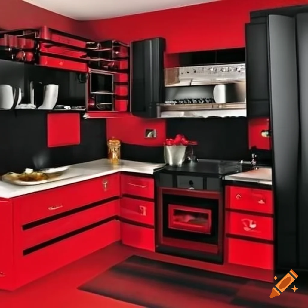 Red and black themed kitchen on Craiyon