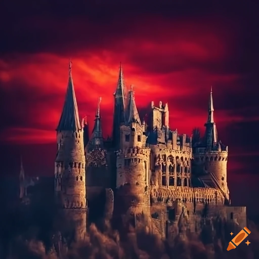 Gothic castle with red sky backdrop and flying bats