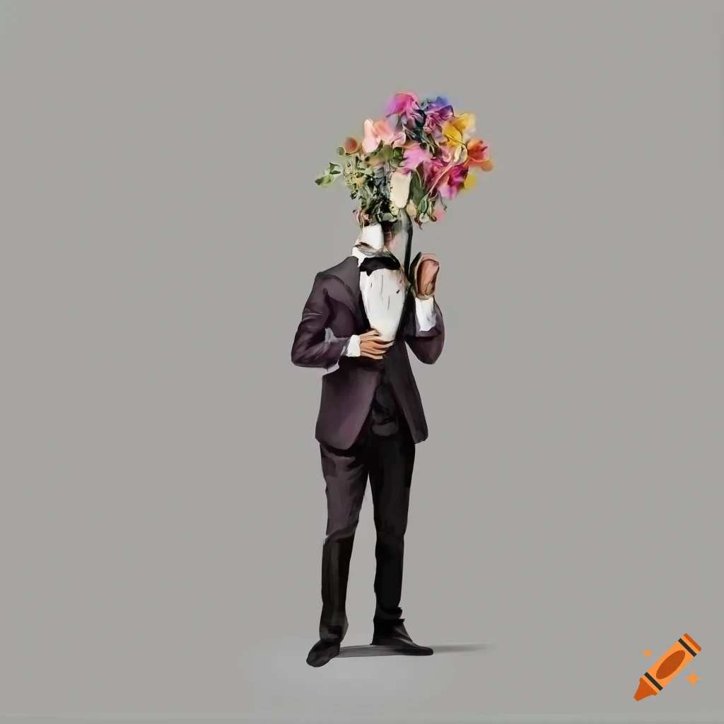 Man in tuxedo holding a bouquet of flowers with painting style palette knife
