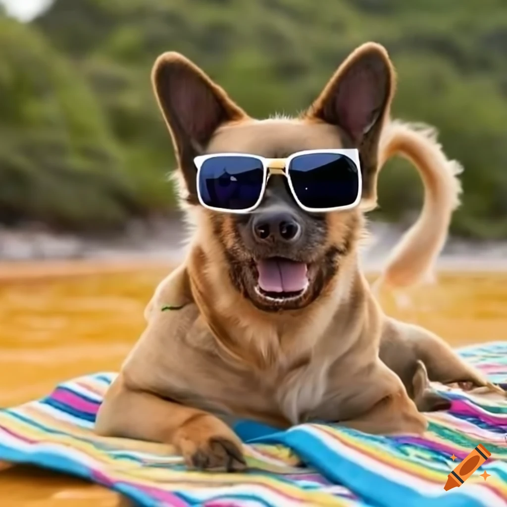 Dog wearing sunglasses lying on a beach towel on Craiyon