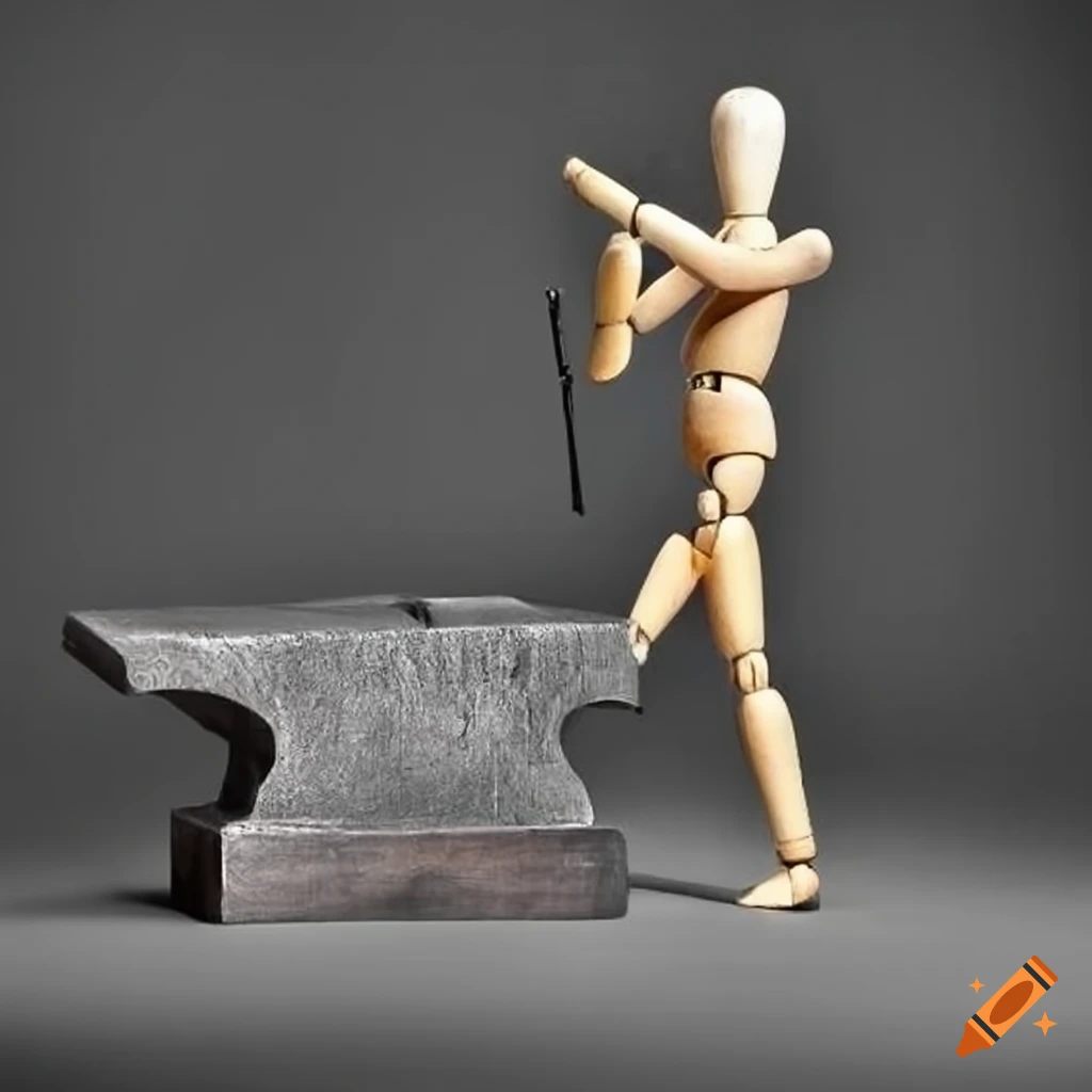 Wooden mannequin hammering metal on an anvil