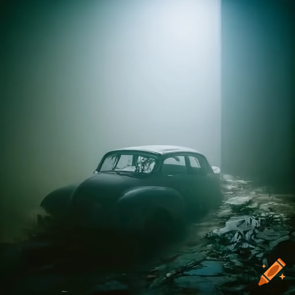 Abandoned car surrounded by gold fog in the center of an empty room on ...