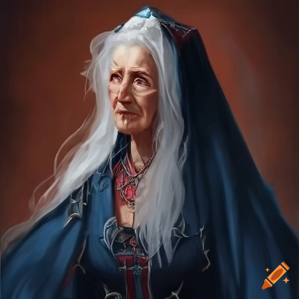 Portrait of an old priestess in a dark blue robe with red and silver ...