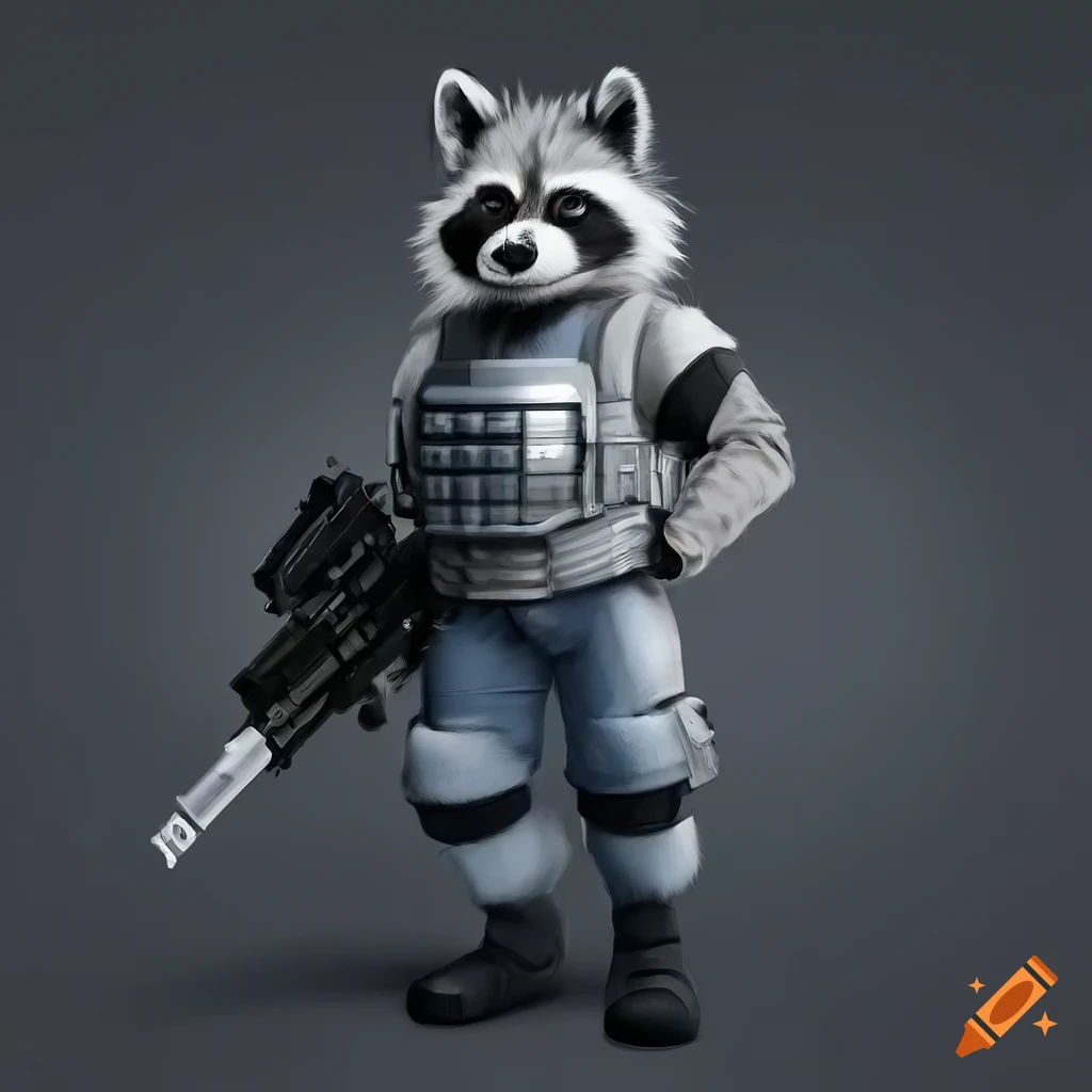 Anthro raccoon in modern tactical body armor, traditional oil painting