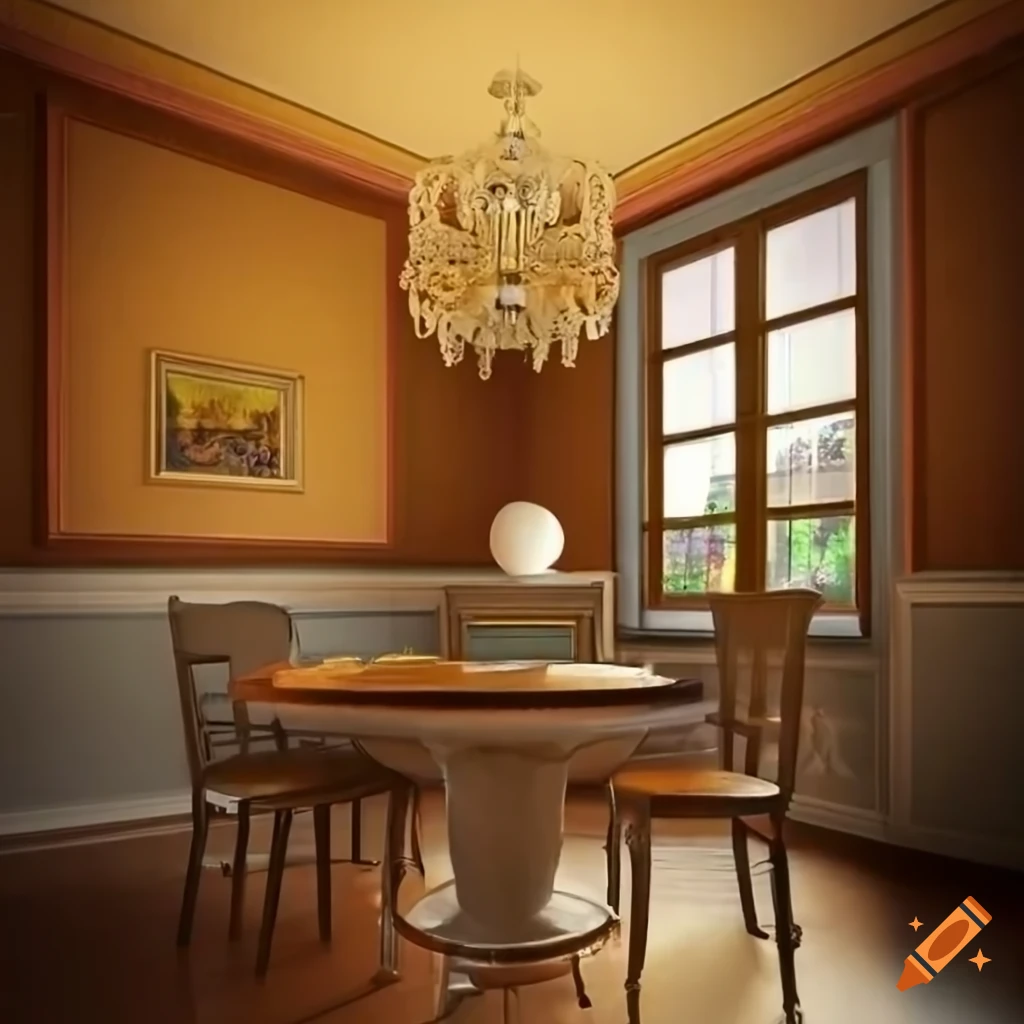 Bright beautiful room with table and picturesque lamp on Craiyon