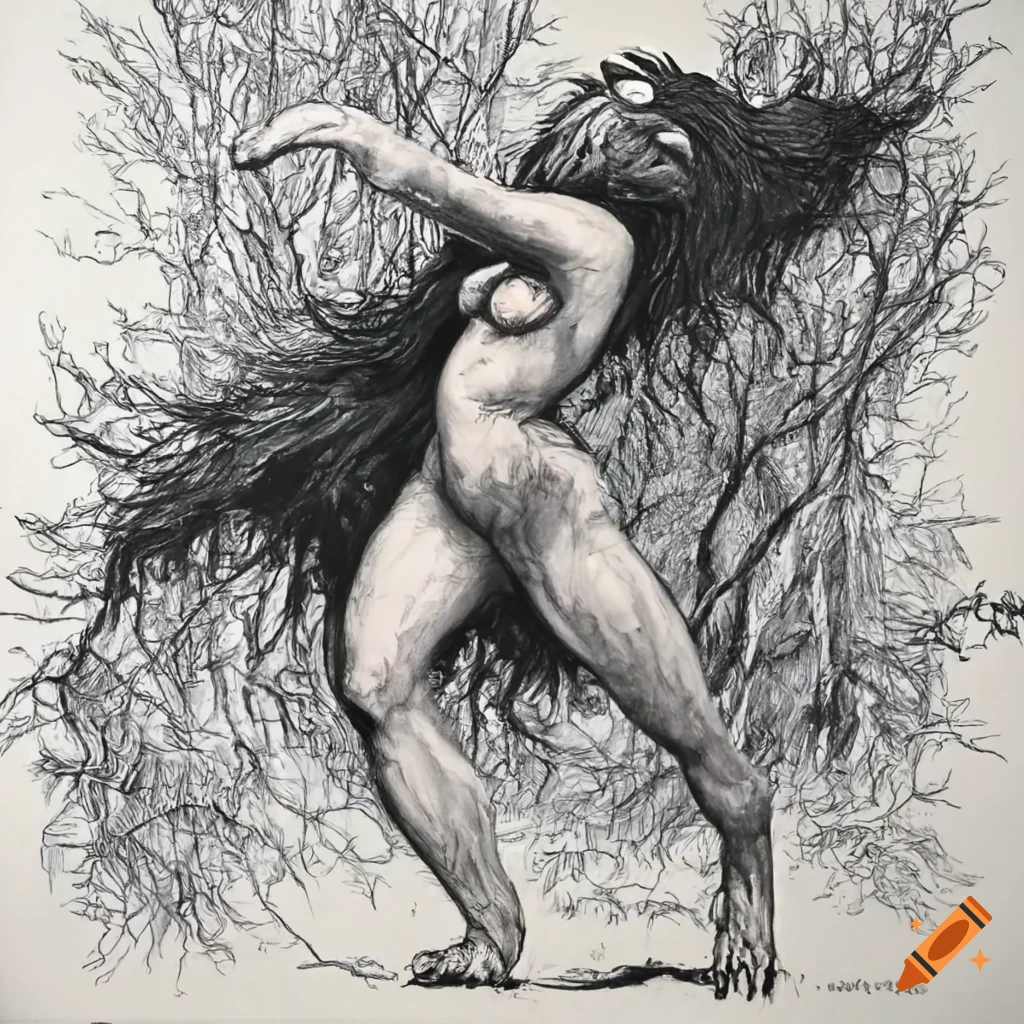 Female Werewolf leaping in black and white drawing style