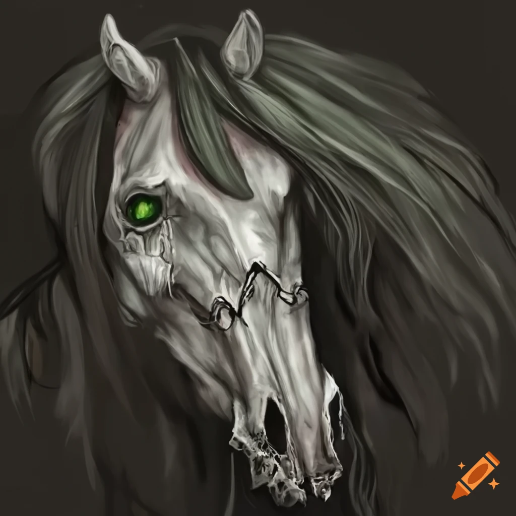 Eerie undead horse with green eyes and sloughing skin on Craiyon