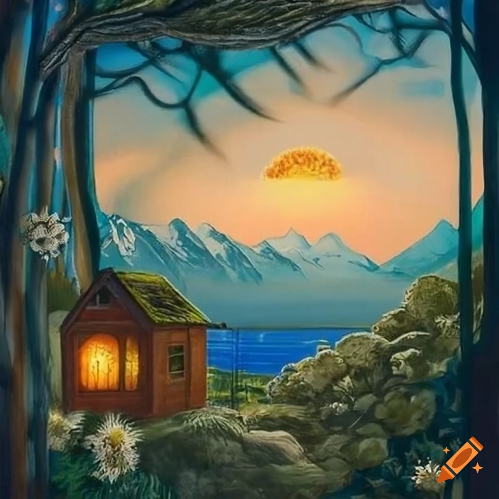 Stained glass with natureinspired landscape, mountains, sunset