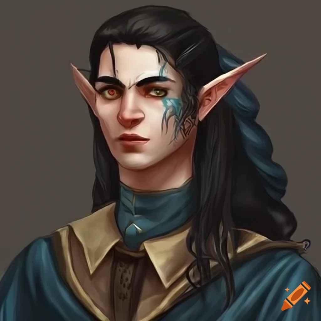 Tall and slender half-elf male wizard with black hair, one amber eye ...