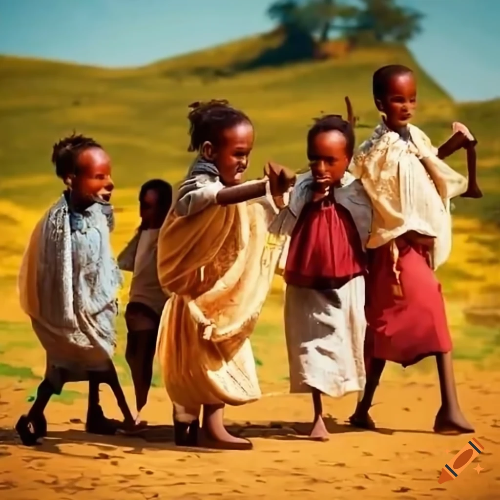 Kids playing traditional games in ethiopian scenery on Craiyon
