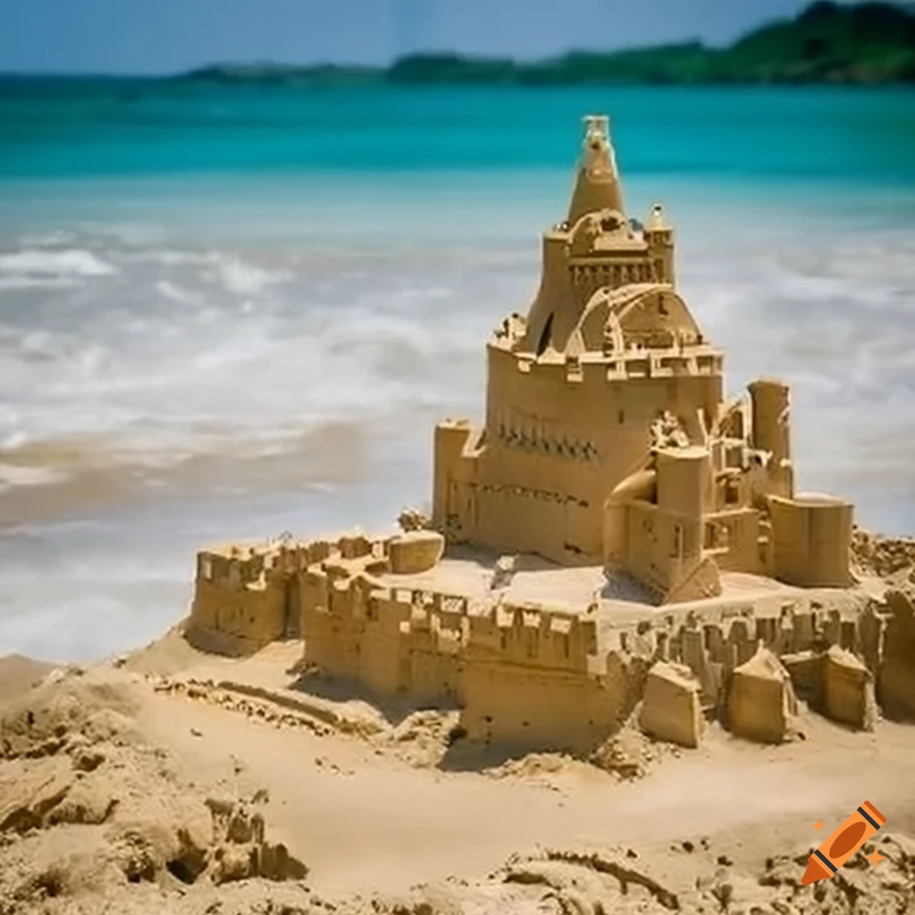 Sand castle floating in a river