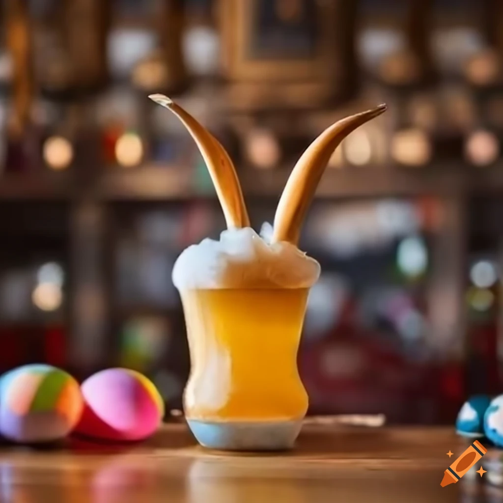 Easter Bunny mixing drinks in a cozy pub brewery with a playful grin