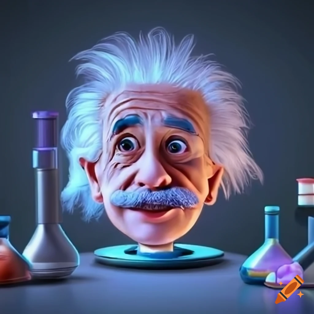 Einstein studying through a microscope in Pixar style
