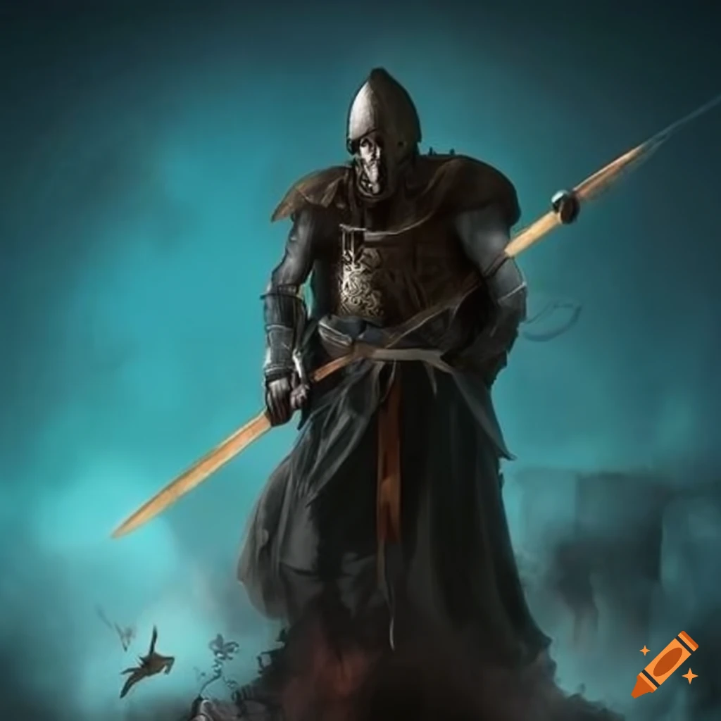 Medieval warrior with long pole weapon on the battlefield